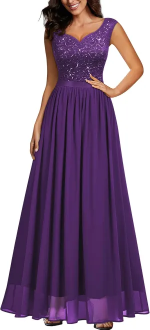 Miusol Women's Sexy Deep V-Neck Sequin Lace Double Sleeveless Evening Party Maxi Dress