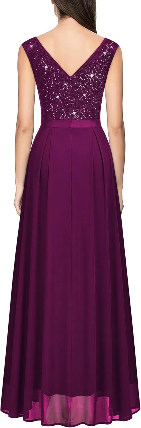 Miusol Women's Sexy Deep V-Neck Sequin Lace Double Sleeveless Evening Party Maxi Dress