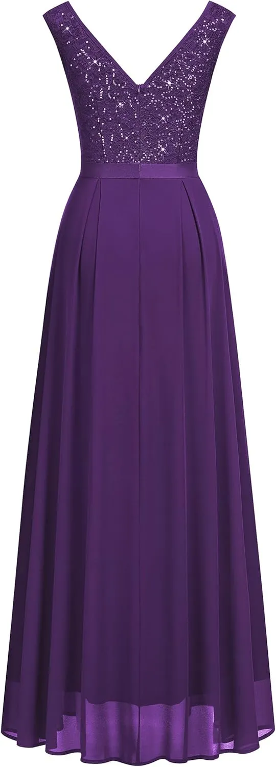 Miusol Women's Sexy Deep V-Neck Sequin Lace Double Sleeveless Evening Party Maxi Dress