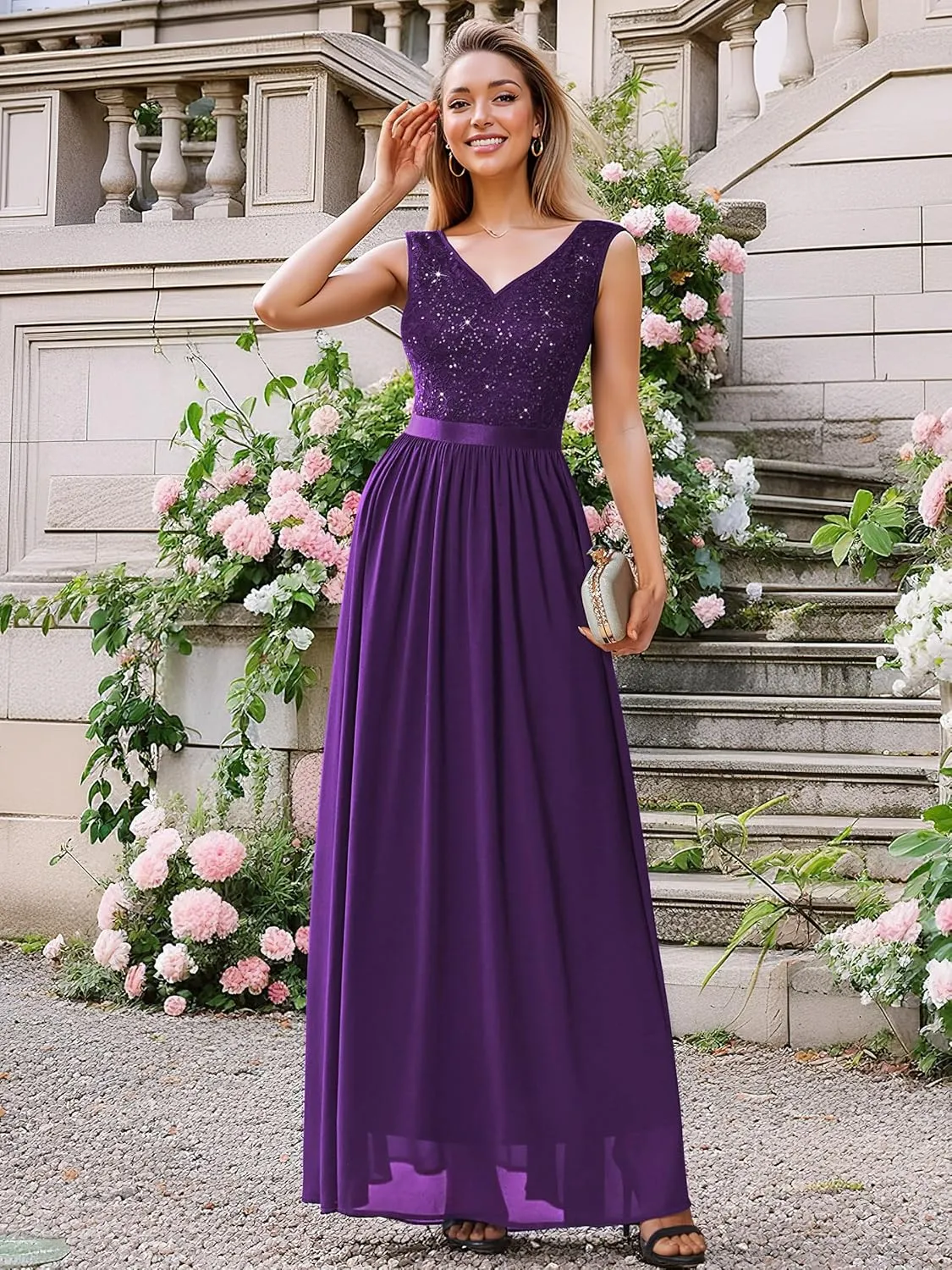 Miusol Women's Sexy Deep V-Neck Sequin Lace Double Sleeveless Evening Party Maxi Dress