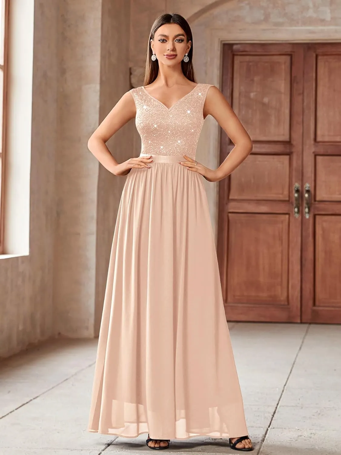 Miusol Women's Sexy Deep V-Neck Sequin Lace Double Sleeveless Evening Party Maxi Dress