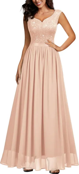 Miusol Women's Sexy Deep V-Neck Sequin Lace Double Sleeveless Evening Party Maxi Dress