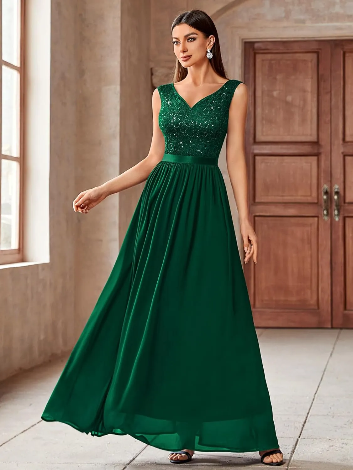 Miusol Women's Sexy Deep V-Neck Sequin Lace Double Sleeveless Evening Party Maxi Dress