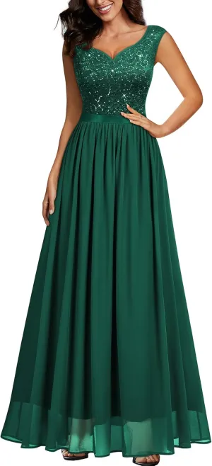 Miusol Women's Sexy Deep V-Neck Sequin Lace Double Sleeveless Evening Party Maxi Dress