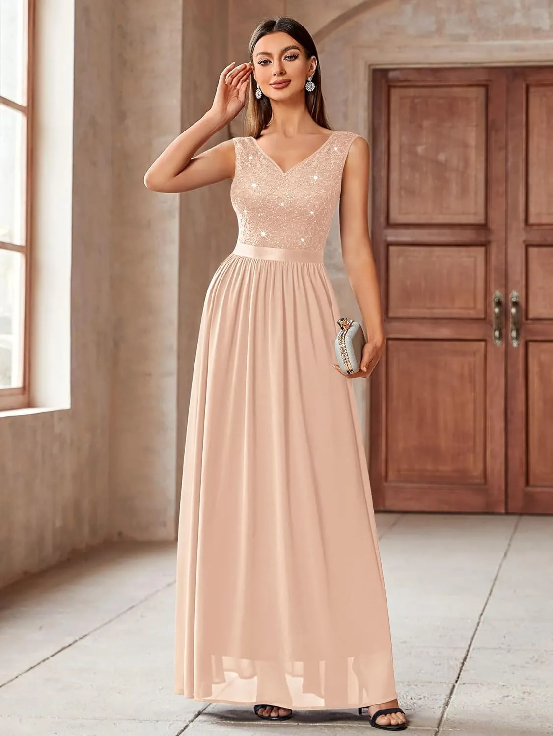 Miusol Women's Sexy Deep V-Neck Sequin Lace Double Sleeveless Evening Party Maxi Dress