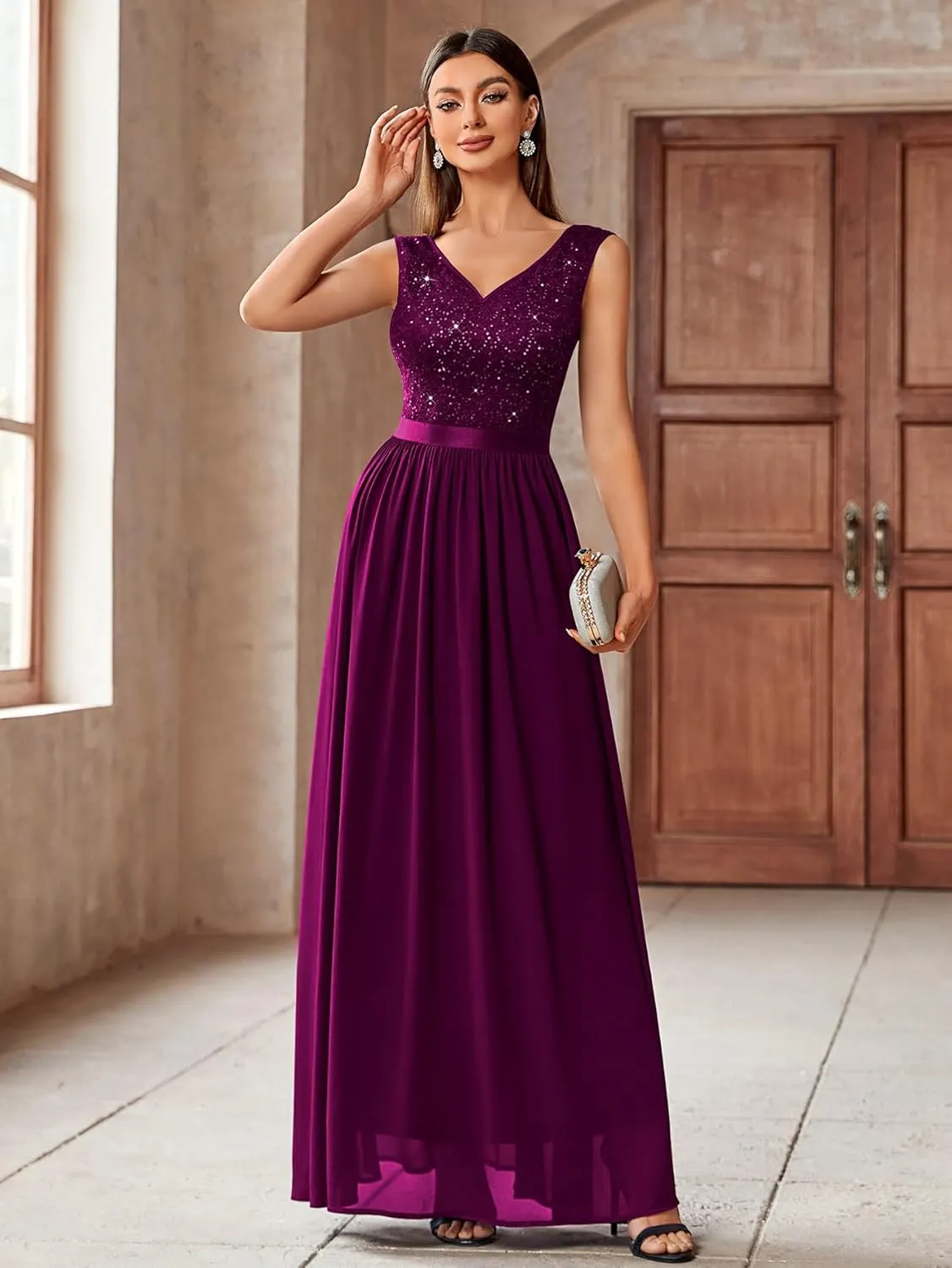 Miusol Women's Sexy Deep V-Neck Sequin Lace Double Sleeveless Evening Party Maxi Dress