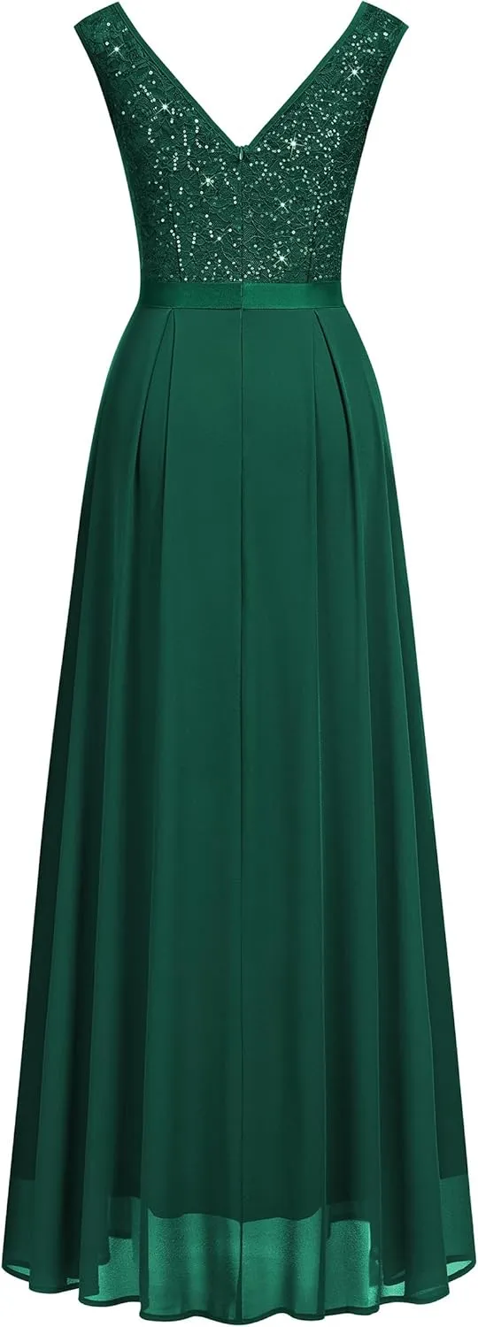 Miusol Women's Sexy Deep V-Neck Sequin Lace Double Sleeveless Evening Party Maxi Dress