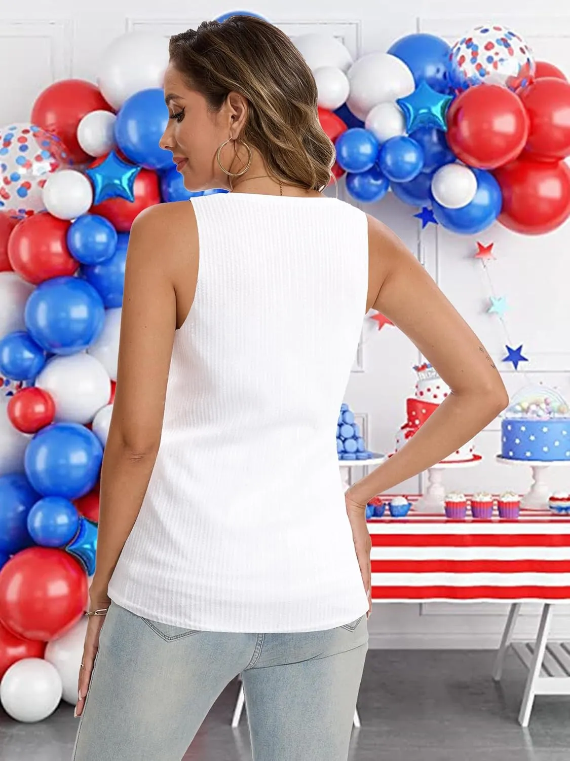 MNLYBABY USA Sequin Tank Top Woman 4th of July Shirts American Flag Sleeveless USA Stars Full Sequin Patriotic V Neck Vest