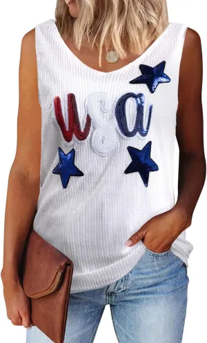 MNLYBABY USA Sequin Tank Top Woman 4th of July Shirts American Flag Sleeveless USA Stars Full Sequin Patriotic V Neck Vest