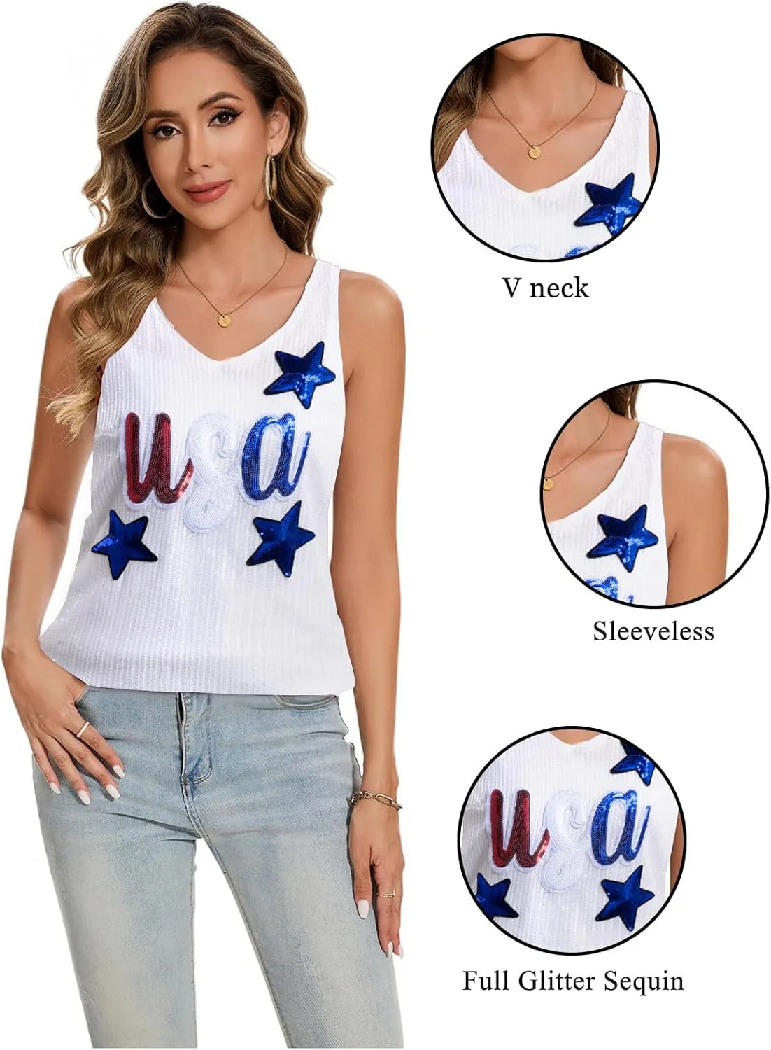 MNLYBABY USA Sequin Tank Top Woman 4th of July Shirts American Flag Sleeveless USA Stars Full Sequin Patriotic V Neck Vest