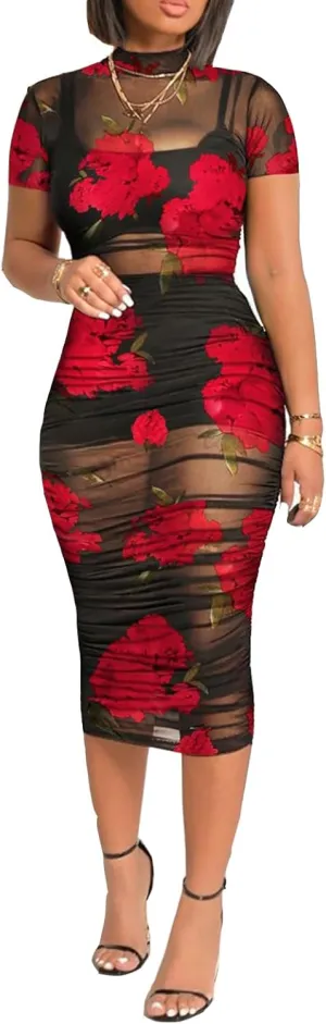 Mojessy Sheer Dress for Women Sexy Short Sleeve Ruched Mesh Bodycon Dress Adjustable Strap Top Mini Skirt 3 Piece Outfits Set