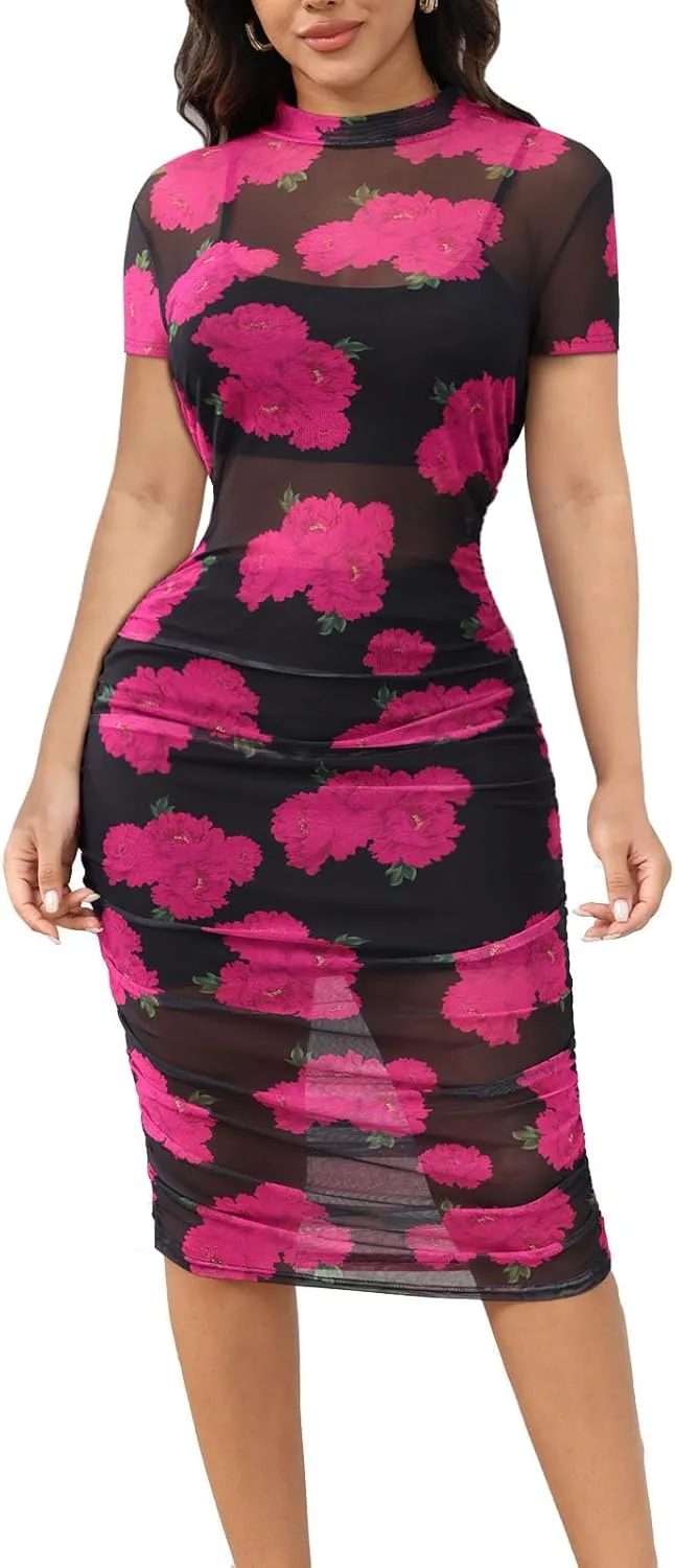 Mojessy Sheer Dress for Women Sexy Short Sleeve Ruched Mesh Bodycon Dress Adjustable Strap Top Mini Skirt 3 Piece Outfits Set