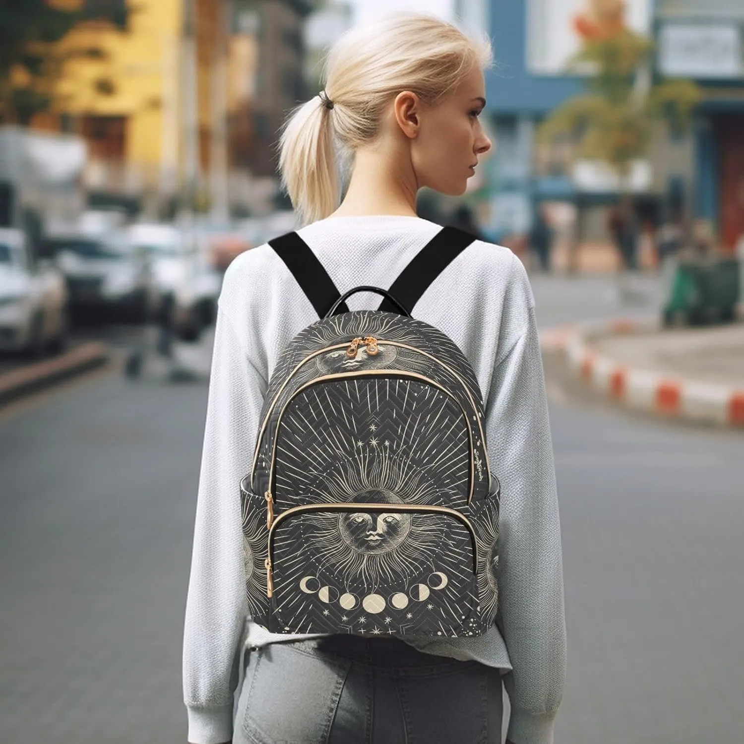 Moon Zodiac Signs Mini Backpack for Women, Travel Backpack Purse Daypack Shoulder Bag for Ladies