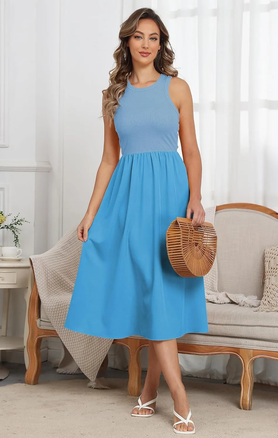 Naggoo Women's Sleeveless Dress Summer Casual Flowy Sundress Knit Tank Top Racerback Midi Dresses Pockets