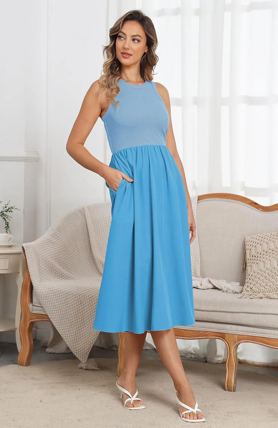 Naggoo Women's Sleeveless Dress Summer Casual Flowy Sundress Knit Tank Top Racerback Midi Dresses Pockets