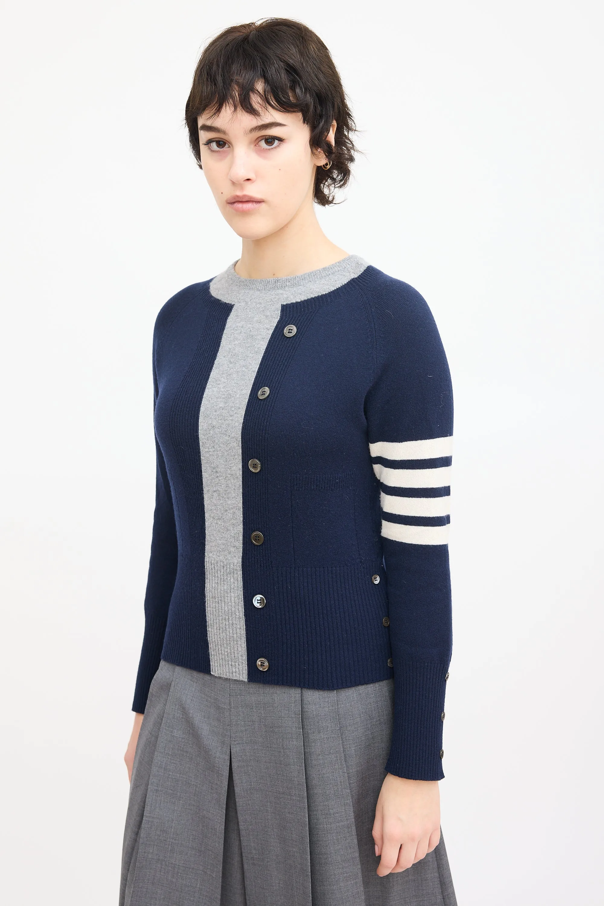 Navy & Grey Cashmere Four Bar Sweater