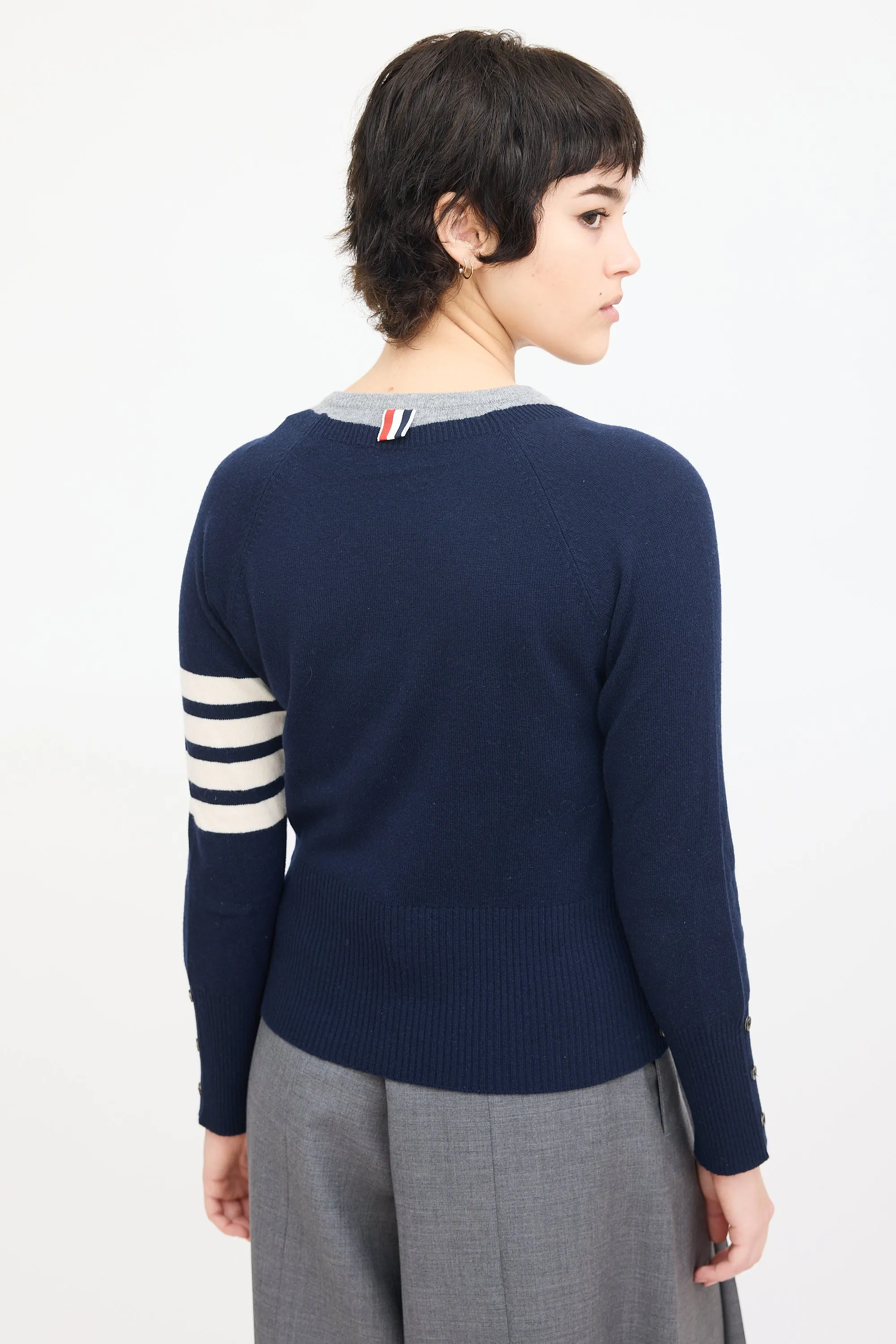 Navy & Grey Cashmere Four Bar Sweater