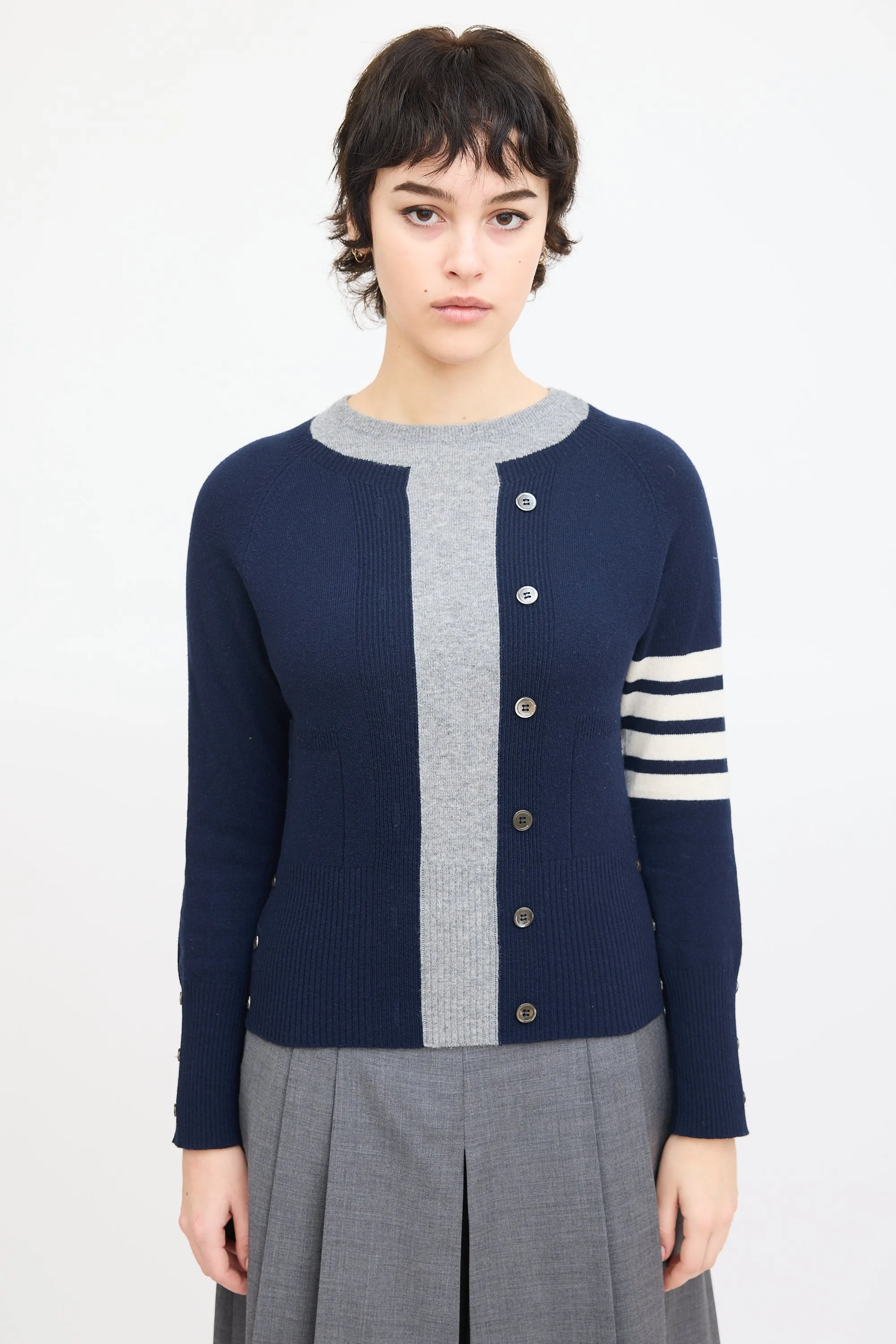 Navy & Grey Cashmere Four Bar Sweater