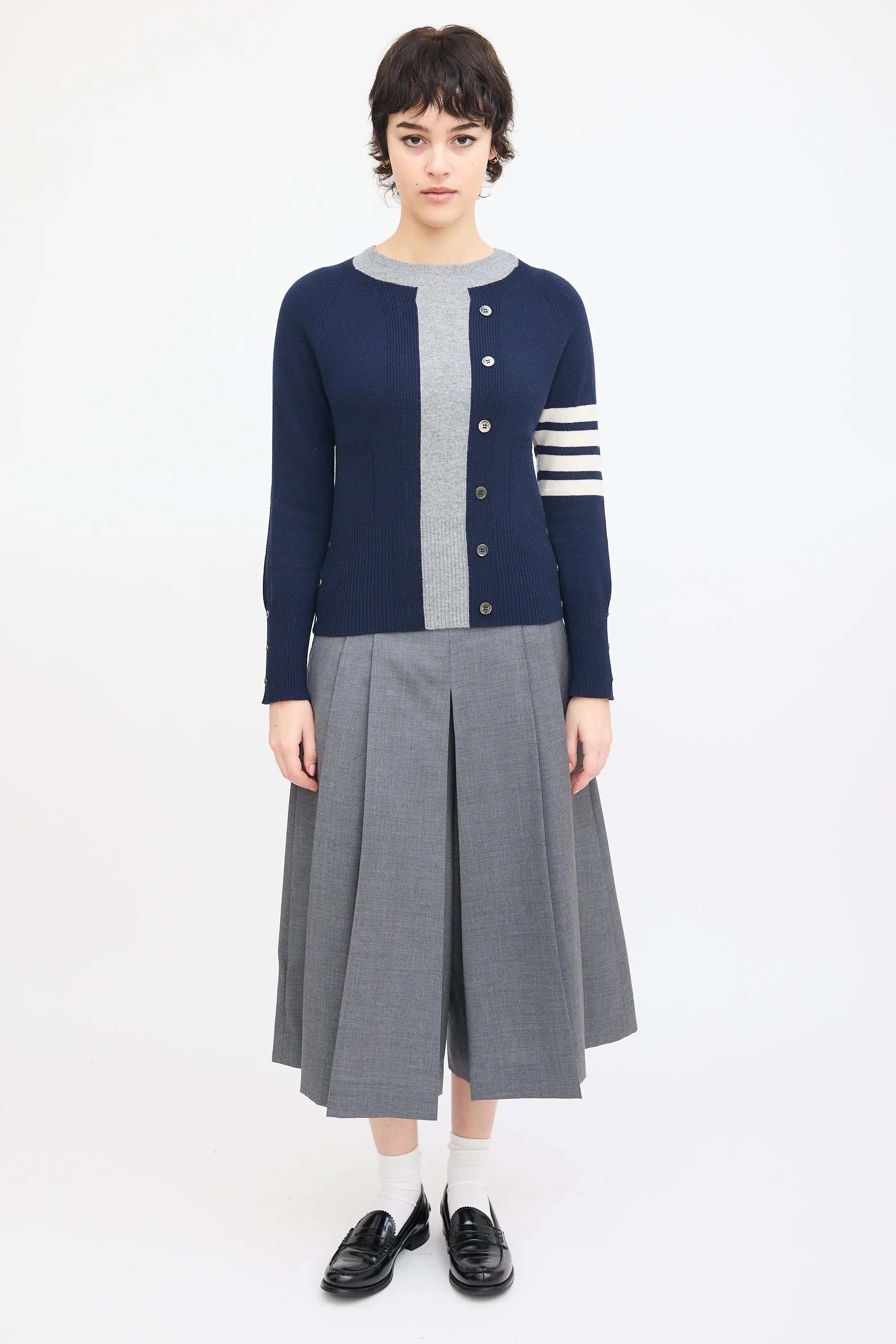 Navy & Grey Cashmere Four Bar Sweater