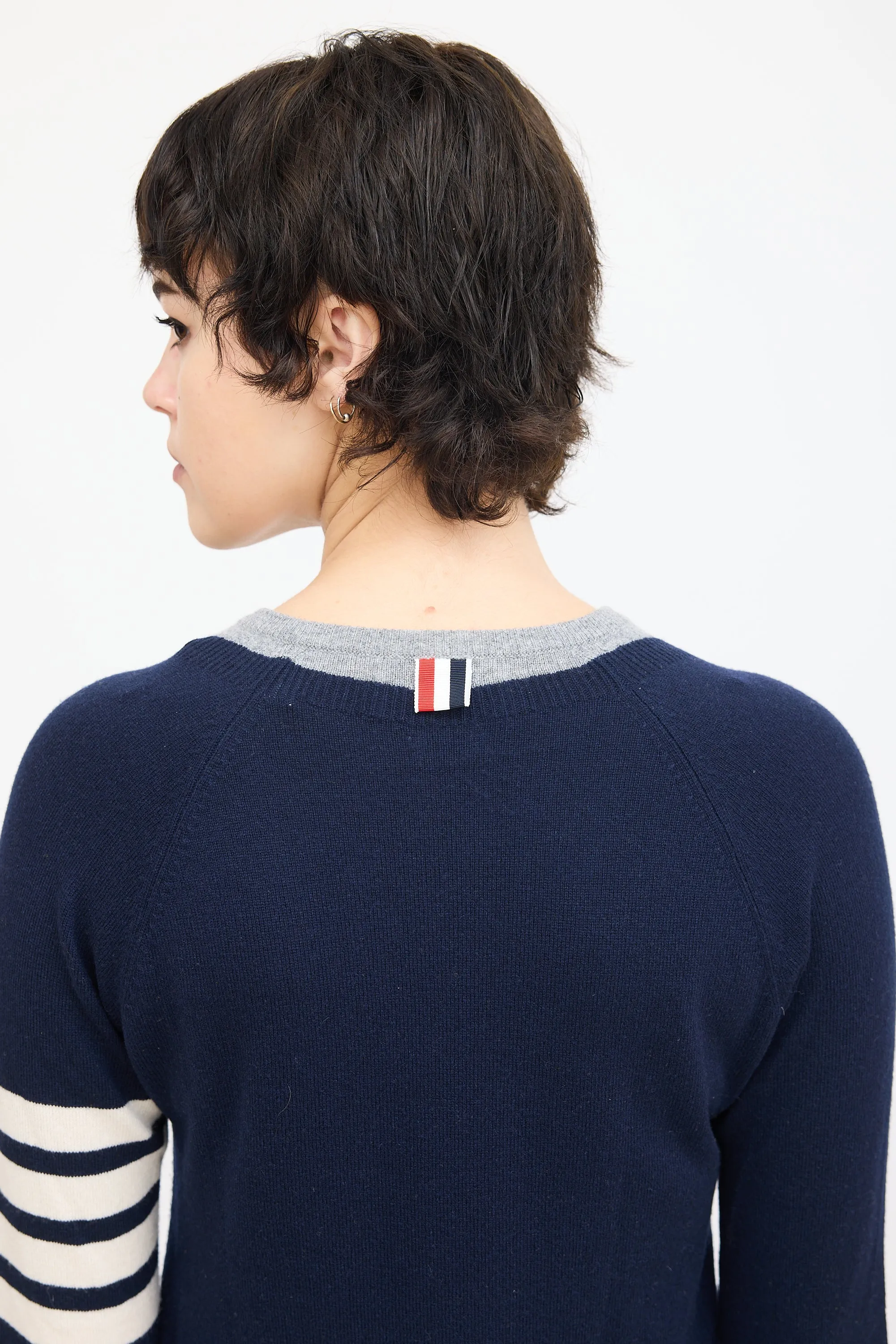 Navy & Grey Cashmere Four Bar Sweater