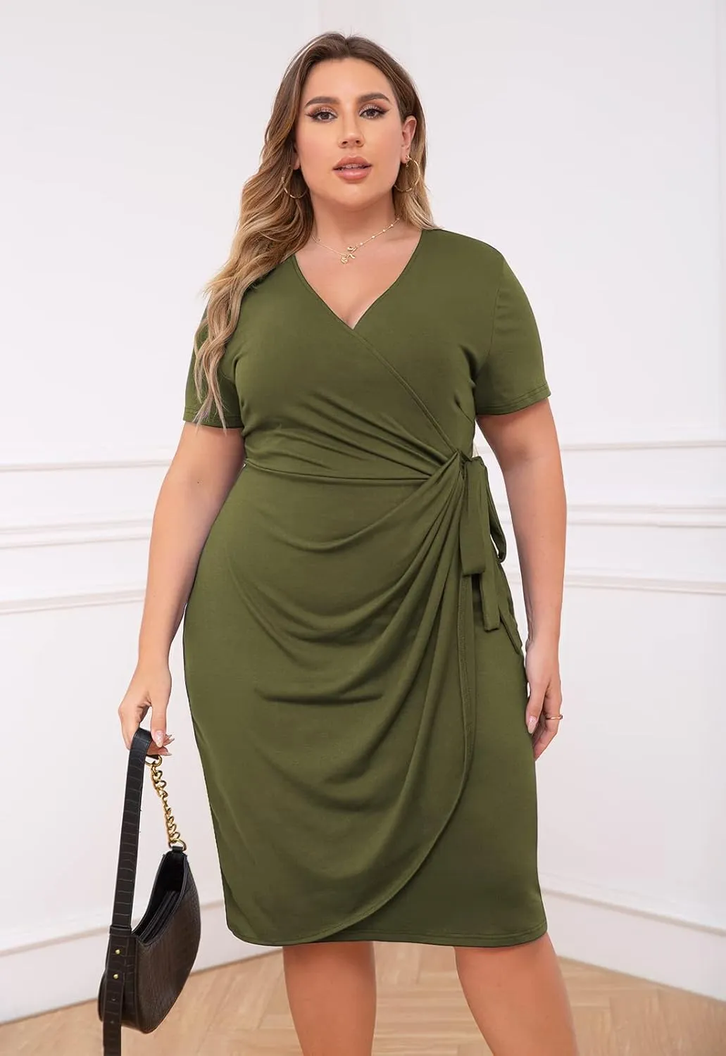 Nemidor Plus Size Dresses for Curvy Women Summer Casual Wrap Bodycon Midi Short Sleeve Pleated Dress 14-26