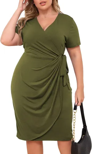Nemidor Plus Size Dresses for Curvy Women Summer Casual Wrap Bodycon Midi Short Sleeve Pleated Dress 14-26