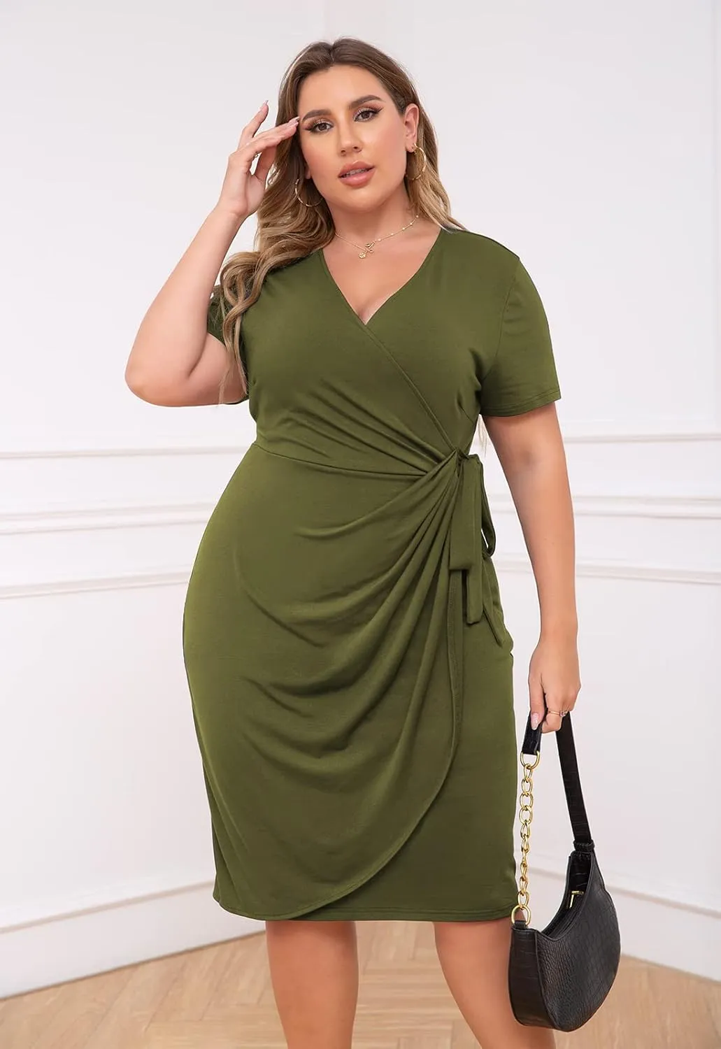 Nemidor Plus Size Dresses for Curvy Women Summer Casual Wrap Bodycon Midi Short Sleeve Pleated Dress 14-26
