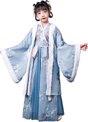 New Year Hanfu for Girls with Blanket Cloak Winter Fairy Dresses Tang Suit Performance Costumes Blue