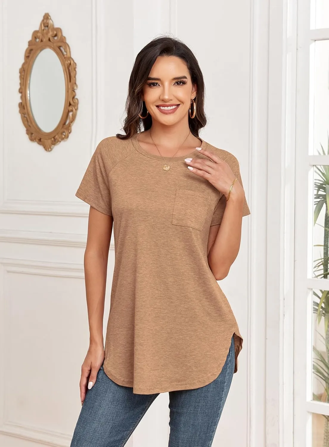 Newchoice Women's Short Sleeve Tunic Tops Casual Round Neck Loose Summer Basic Shirts With Pockets
