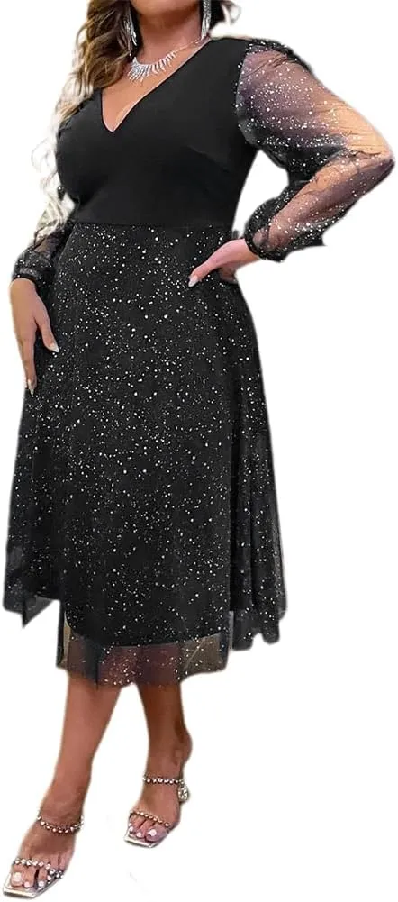 ODIZLI Plus Size Sexy Long Sleeve V Neck/Crewneck Sequin/Floral Dress for Women Fashion Dress for Lady