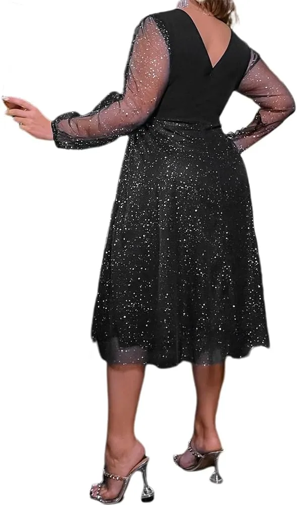 ODIZLI Plus Size Sexy Long Sleeve V Neck/Crewneck Sequin/Floral Dress for Women Fashion Dress for Lady