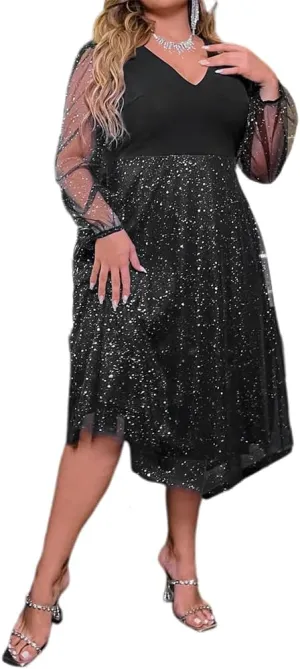 ODIZLI Plus Size Sexy Long Sleeve V Neck/Crewneck Sequin/Floral Dress for Women Fashion Dress for Lady