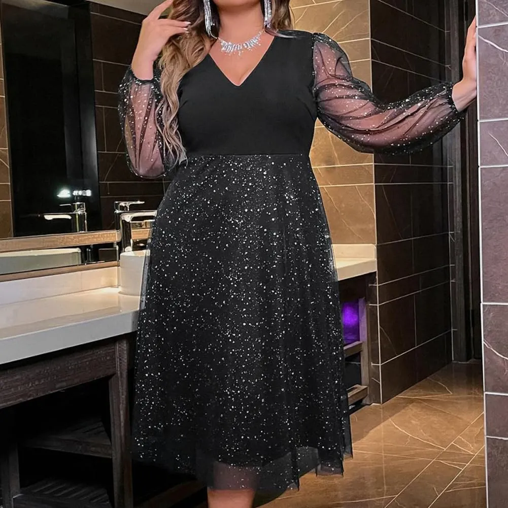 ODIZLI Plus Size Sexy Long Sleeve V Neck/Crewneck Sequin/Floral Dress for Women Fashion Dress for Lady