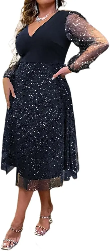 ODIZLI Plus Size Sexy Long Sleeve V Neck/Crewneck Sequin/Floral Dress for Women Fashion Dress for Lady