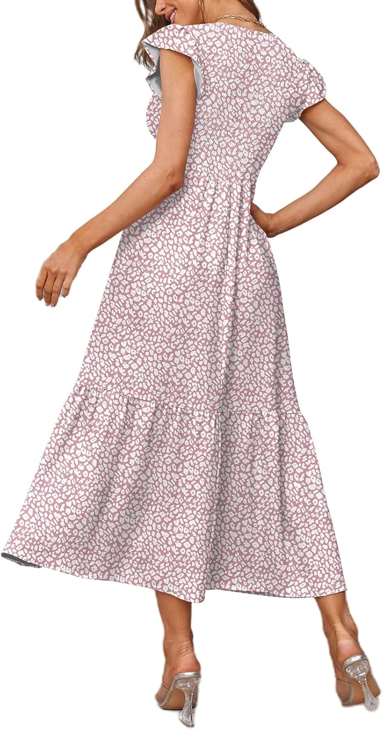 OFEEFAN Women's Casual Maxi Dresses with Pockets Ruffle Sleeve Smocked Dress XS-2XL