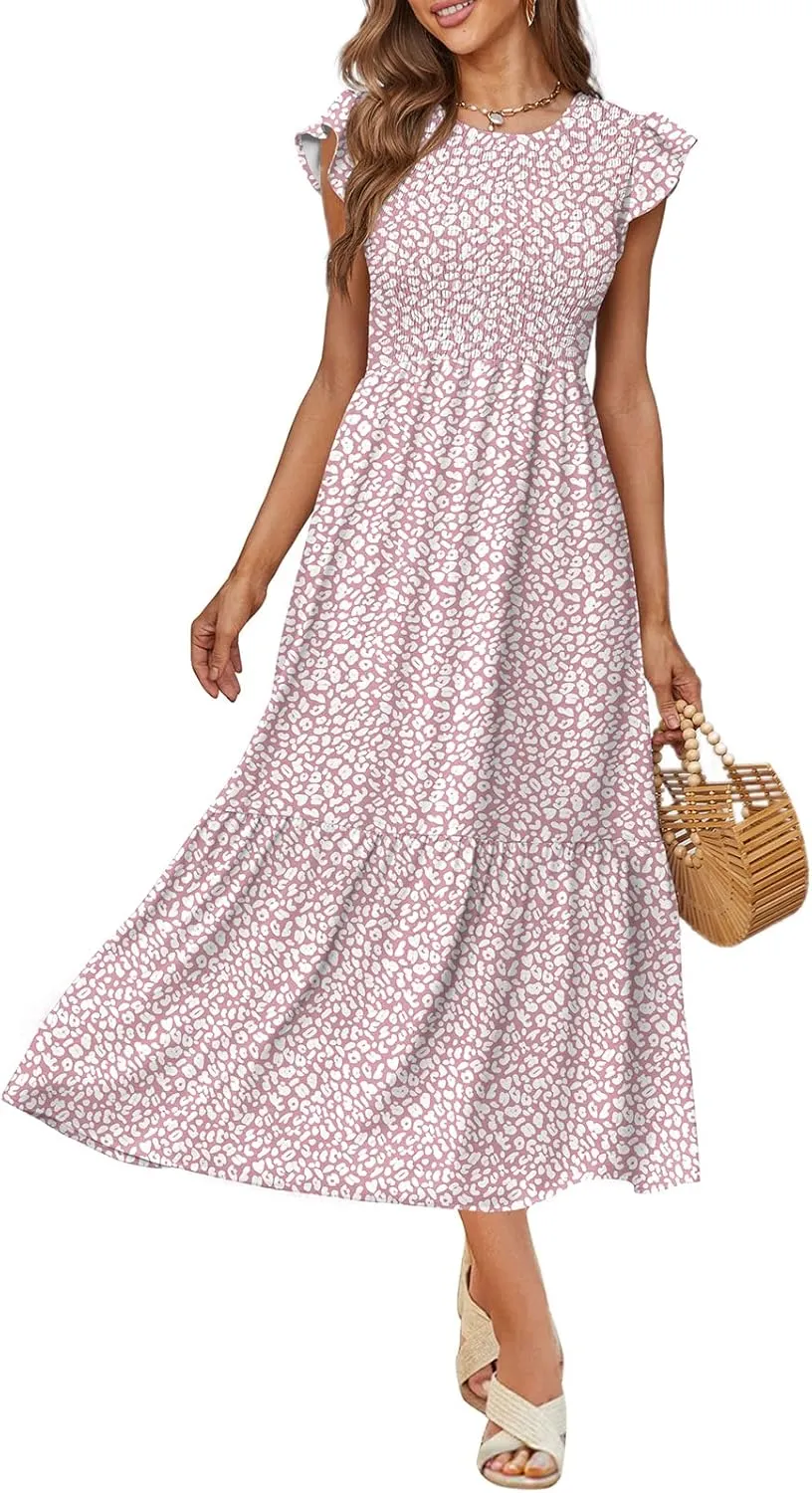 OFEEFAN Women's Casual Maxi Dresses with Pockets Ruffle Sleeve Smocked Dress XS-2XL