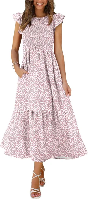 OFEEFAN Women's Casual Maxi Dresses with Pockets Ruffle Sleeve Smocked Dress XS-2XL