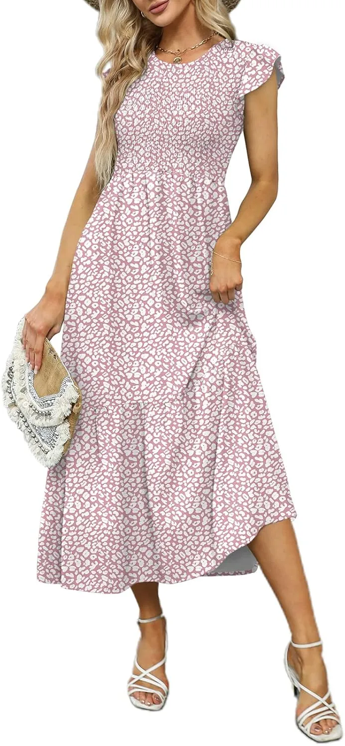 OFEEFAN Women's Casual Maxi Dresses with Pockets Ruffle Sleeve Smocked Dress XS-2XL
