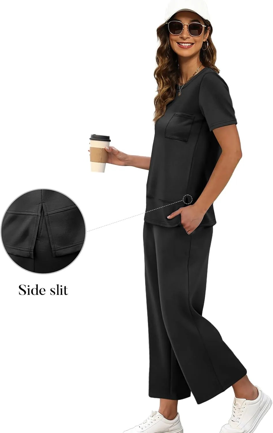 OFEEFAN Women's Lounge Sets Fashion Outfits Wide Leg Loungewear Side Slit Tracksuit for Vacation Travel Airport S-3XL
