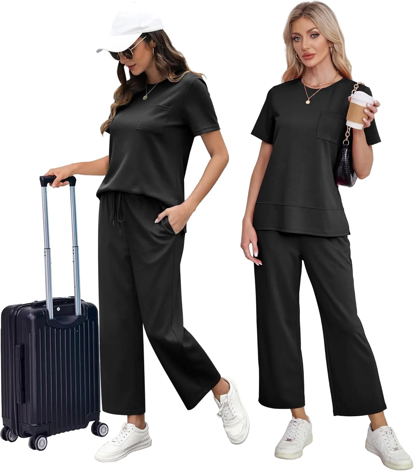 OFEEFAN Women's Lounge Sets Fashion Outfits Wide Leg Loungewear Side Slit Tracksuit for Vacation Travel Airport S-3XL