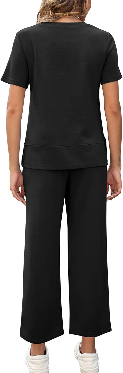 OFEEFAN Women's Lounge Sets Fashion Outfits Wide Leg Loungewear Side Slit Tracksuit for Vacation Travel Airport S-3XL