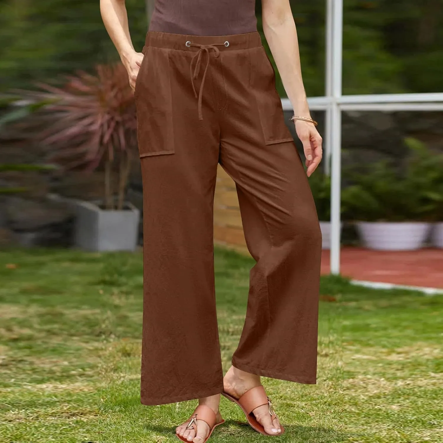 Oplxuo Wide Leg Linen Pants for Women Summer Flowy Palazzo Pants Casual Loose Drawstring High Waist Trousers with Pockets