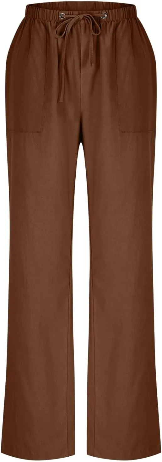 Oplxuo Wide Leg Linen Pants for Women Summer Flowy Palazzo Pants Casual Loose Drawstring High Waist Trousers with Pockets