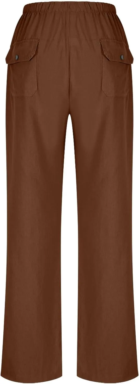Oplxuo Wide Leg Linen Pants for Women Summer Flowy Palazzo Pants Casual Loose Drawstring High Waist Trousers with Pockets