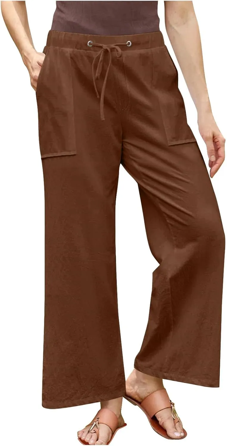 Oplxuo Wide Leg Linen Pants for Women Summer Flowy Palazzo Pants Casual Loose Drawstring High Waist Trousers with Pockets