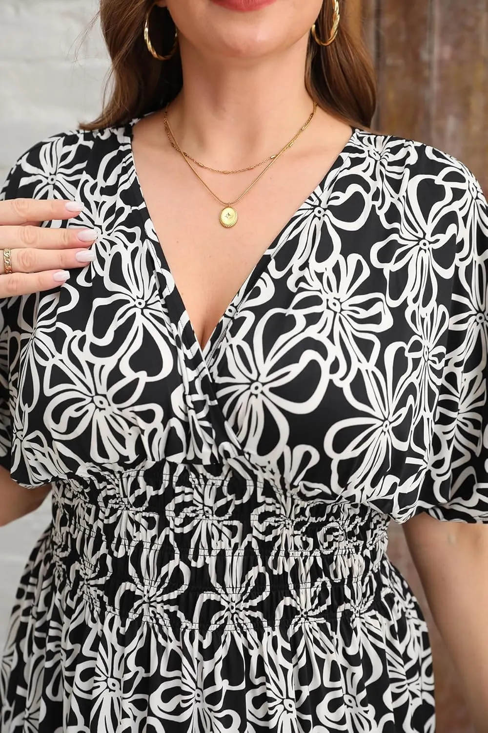 OSTOO Women's Plus Size Hawaii Empire Waist Bat Short Sleeve Casual Floral Print Boho Maxi Dress