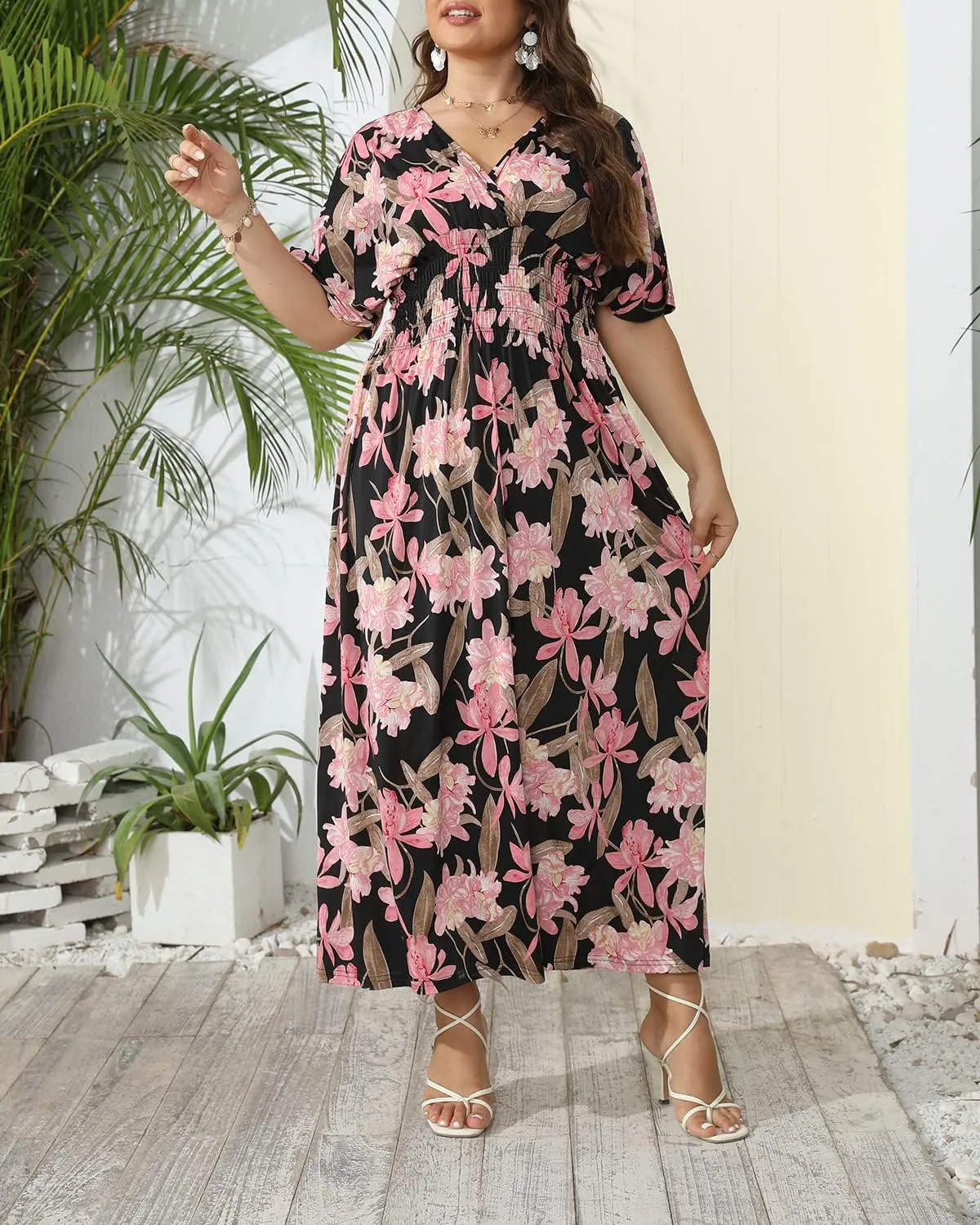 OSTOO Women's Plus Size Hawaii Empire Waist Bat Short Sleeve Casual Floral Print Boho Maxi Dress