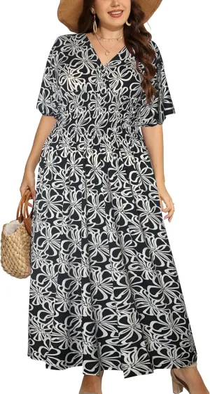 OSTOO Women's Plus Size Hawaii Empire Waist Bat Short Sleeve Casual Floral Print Boho Maxi Dress