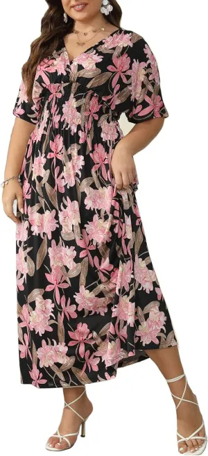 OSTOO Women's Plus Size Hawaii Empire Waist Bat Short Sleeve Casual Floral Print Boho Maxi Dress