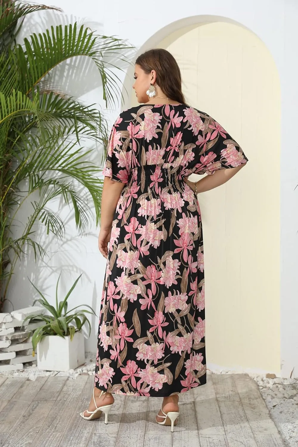 OSTOO Women's Plus Size Hawaii Empire Waist Bat Short Sleeve Casual Floral Print Boho Maxi Dress
